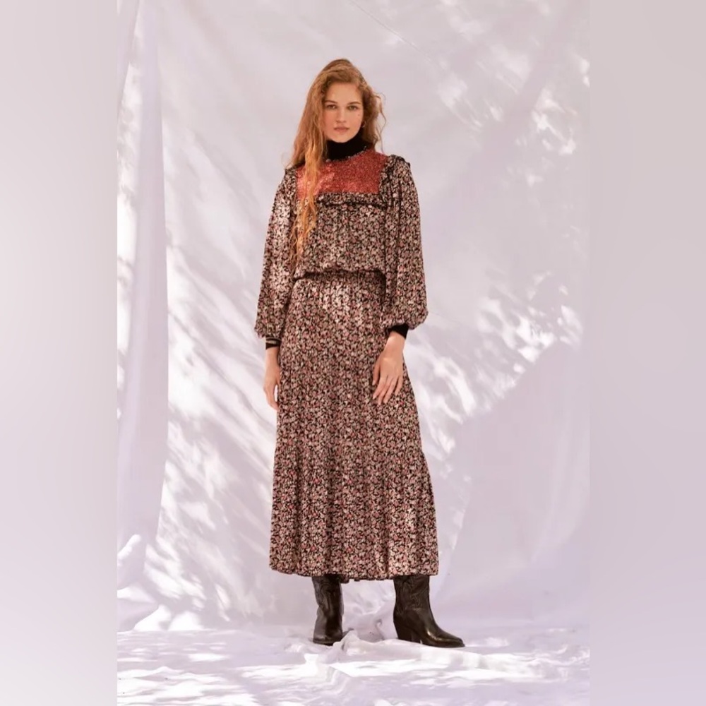 Floral Long Sleeve Maxi Dress in Black and Rust - Women's